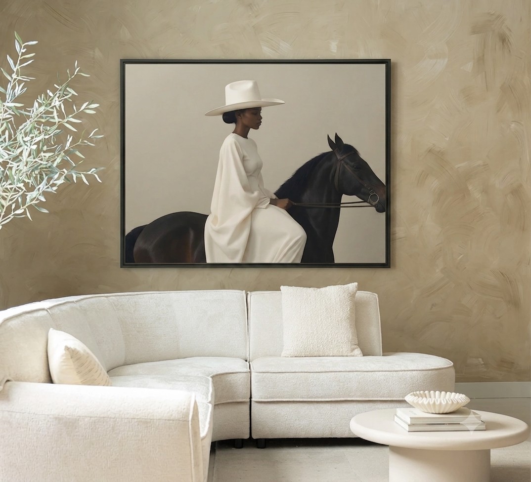 Beige rider floating frame zwart Urbancotton schilderij-dame-op-paard-zwarte-baklijst-interieur-le-marche