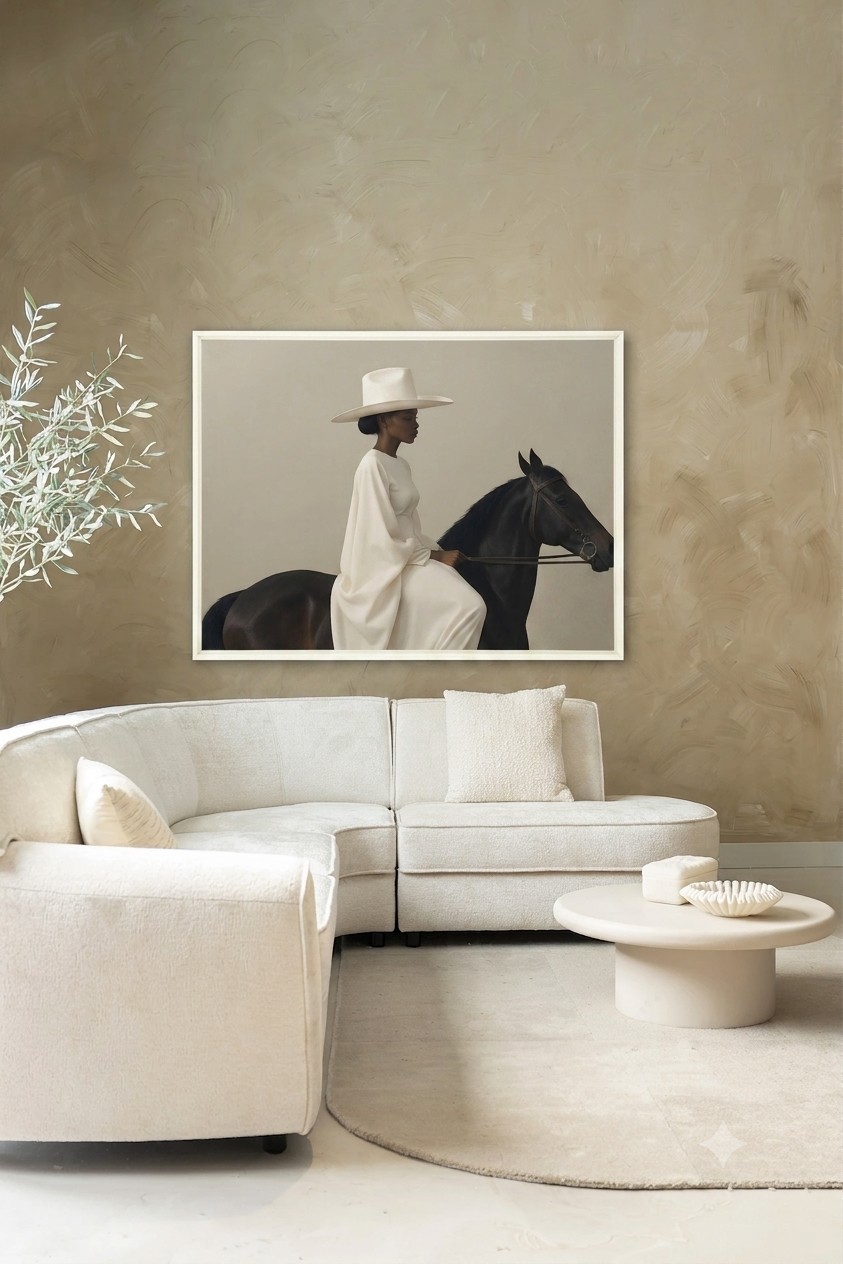 schilderij-dame-op-paard-zwarte-baklijst-interieur-le-marche